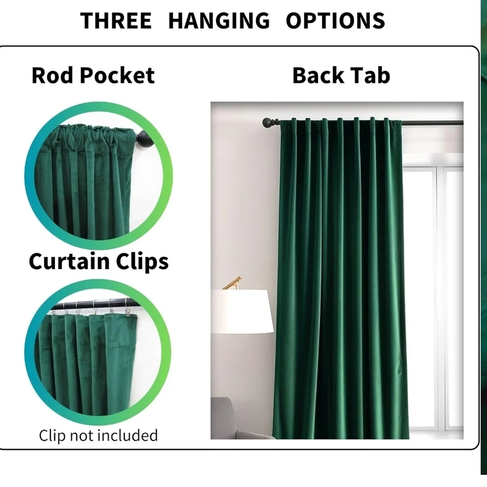 Emerald Green Velvet Curtains for Living Room 52" W x 96" L Luxury 80% Blackout - Picture 2 of 3